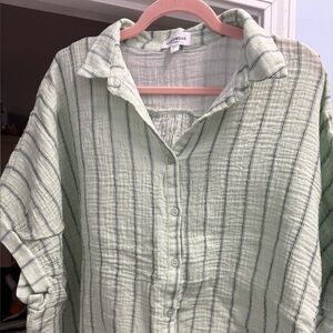 Mint Striped Button-Up Blouse